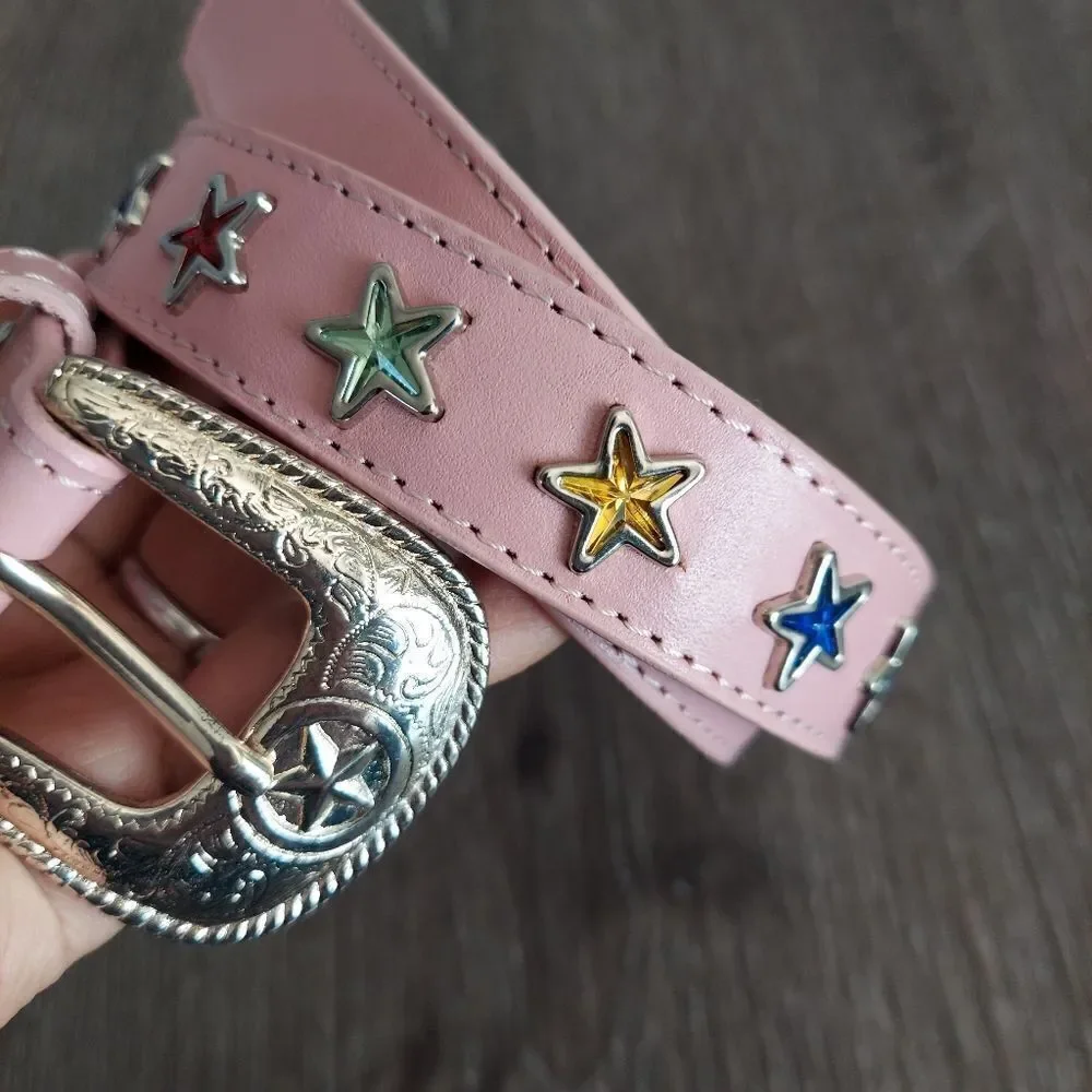 Nocona Girls Pink Leather Western Belt with Multicolored Star Studs 26